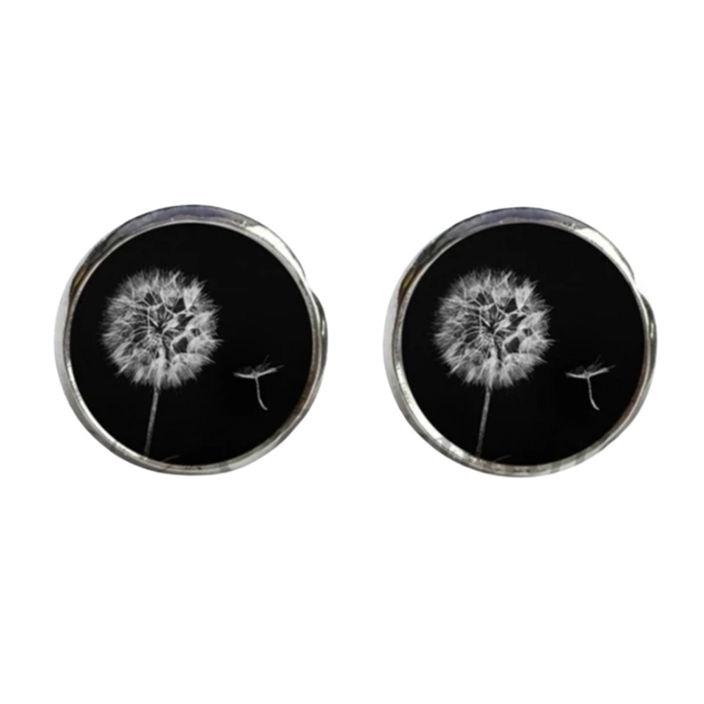 Dandelion Glass Dome Stud Earrings – Black & White Nature Design (NWT)